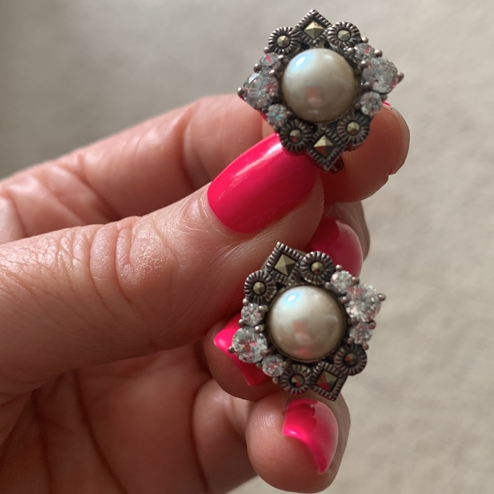Vintage sterling earrings with marcasite , crystals details, pearl center.